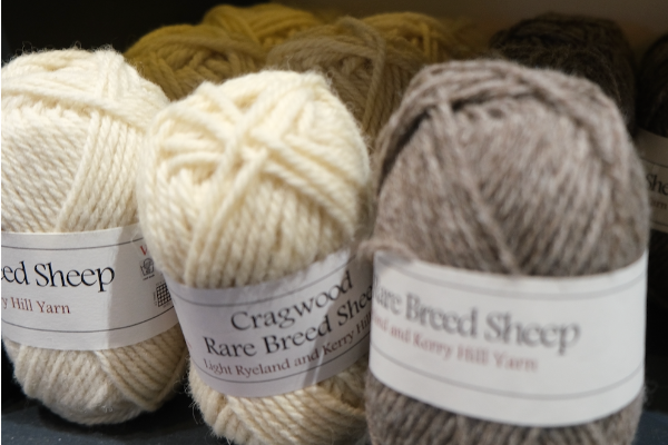 Three balls of yarn with labels on a shelf